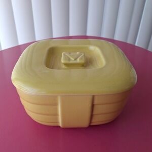 Vintage Hall China for Hotpoint Yellow Ribbed Ceramic Refrigerator Dish with Lid